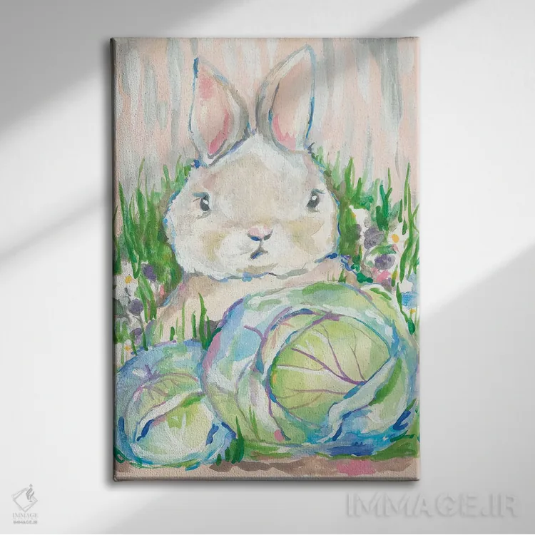 تابلو دکوراتیو خرگوش در باغچه کلم اثر جسیکا مینگو - نمای روبهرو روی دیوار