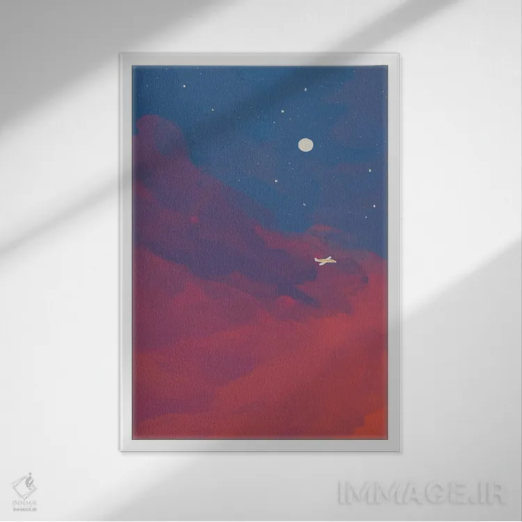 تابلو مینیمال هواپیما در آسمان شب اثر مورگان هارپر نیکولز - نمای قابدار سفید