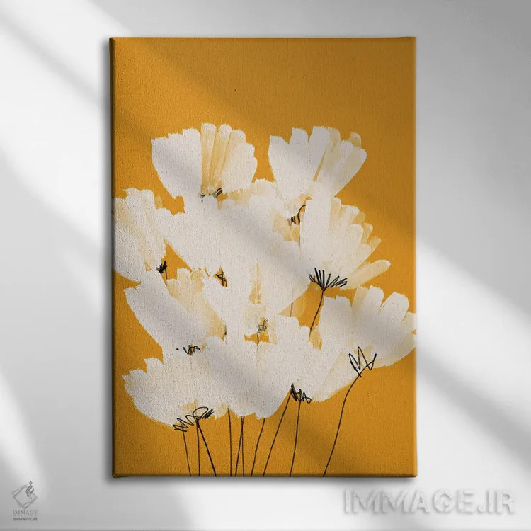 تابلو مدرن گل های سفید روی زمینه طلایی اثر مورگان هارپر نیکولز - نمای روبهرو روی دیوار