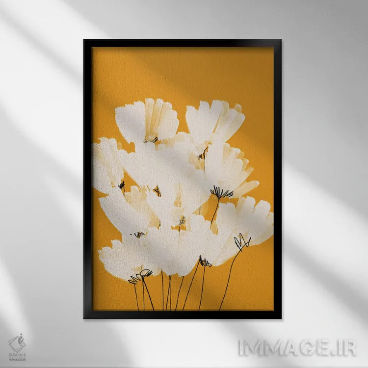 تابلو مدرن گل های سفید روی زمینه طلایی اثر مورگان هارپر نیکولز - نمای قابدار مشکی