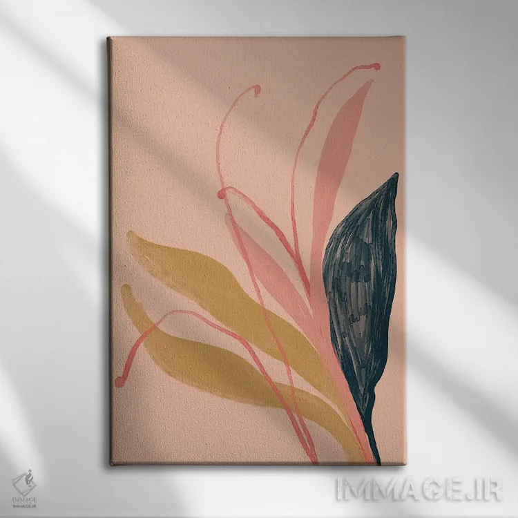 تابلو مدرن گل های سرمه ای، صورتی و طلایی روی هلویی اثر مورگان هارپر نیکولز - نمای روبهرو روی دیوار