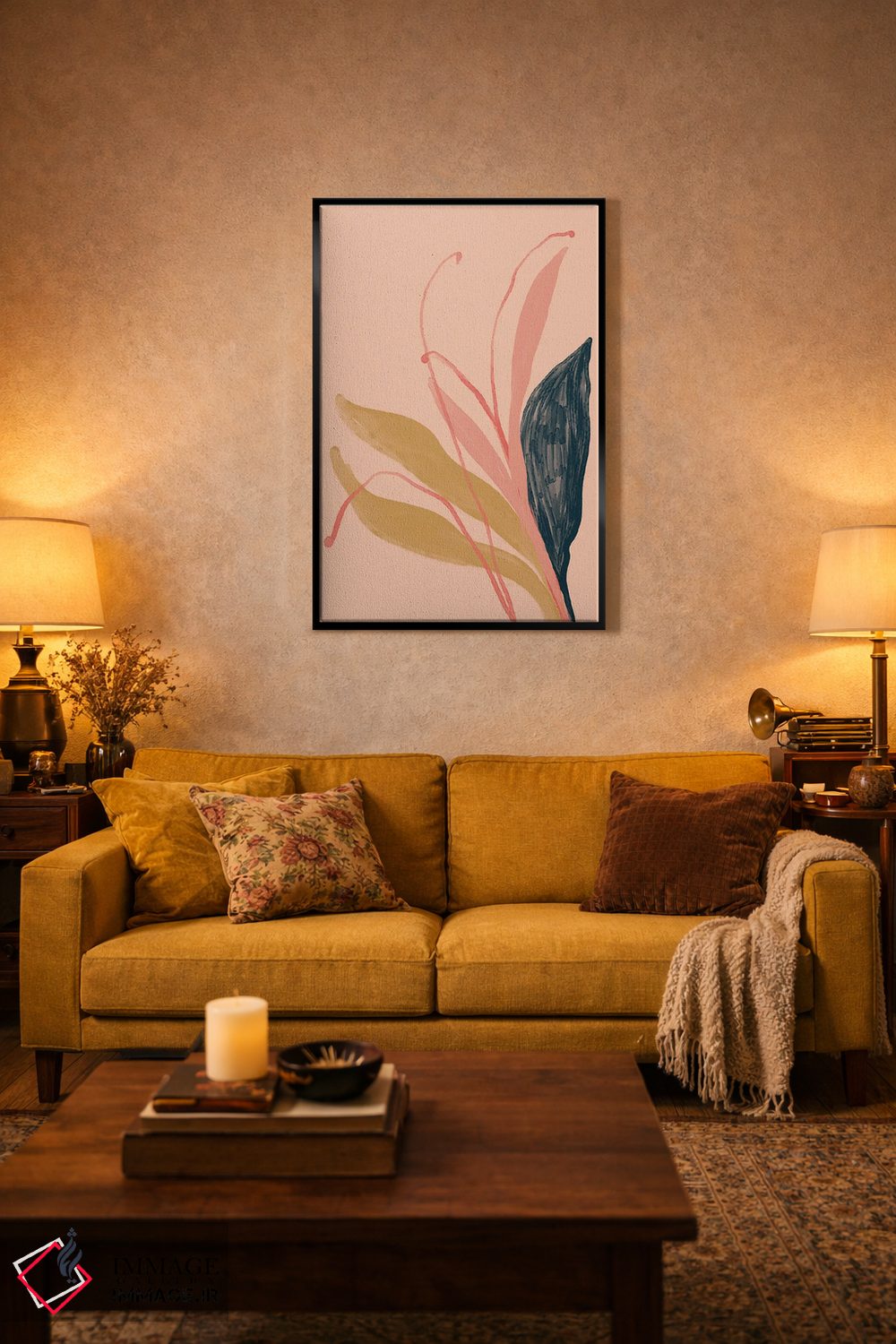 تابلو مدرن گل های سرمه ای، صورتی و طلایی روی هلویی اثر مورگان هارپر نیکولز - D4B