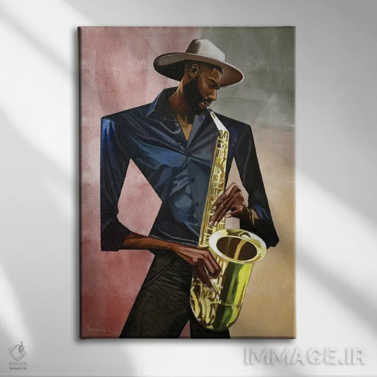 تابلو دکوراتیو نوازنده ساکسوفون اثر ماناسه جانسون - نمای روبهرو روی دیوار
