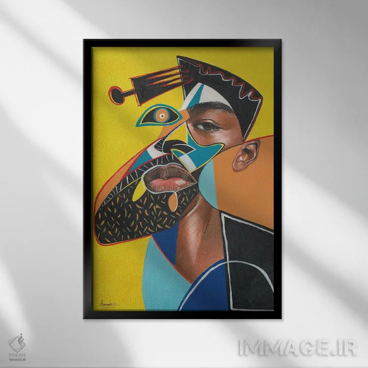 تابلو دکوراتیو "مرد با شانه آفرو" اثر ماناسه جانسون - نمای قابدار مشکی
