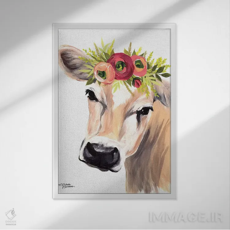 تابلو دکوراتیو گاو جرسی با تاج گل اثر میشل نورمن - نمای قابدار سفید