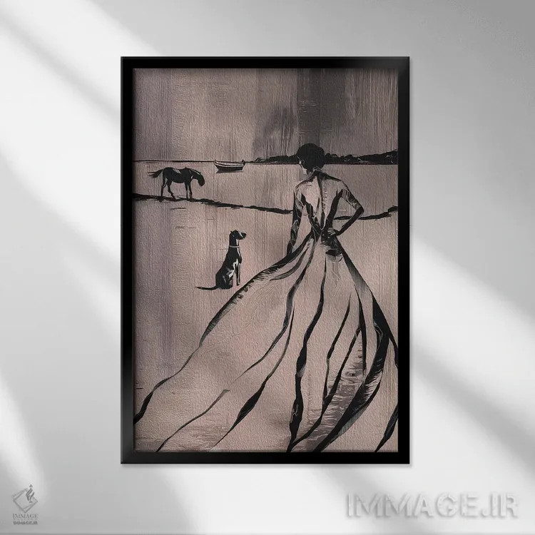 تابلو مینیمال زن در کنار دریاچه اثر آندریاس ماگنوسون - نمای قابدار مشکی