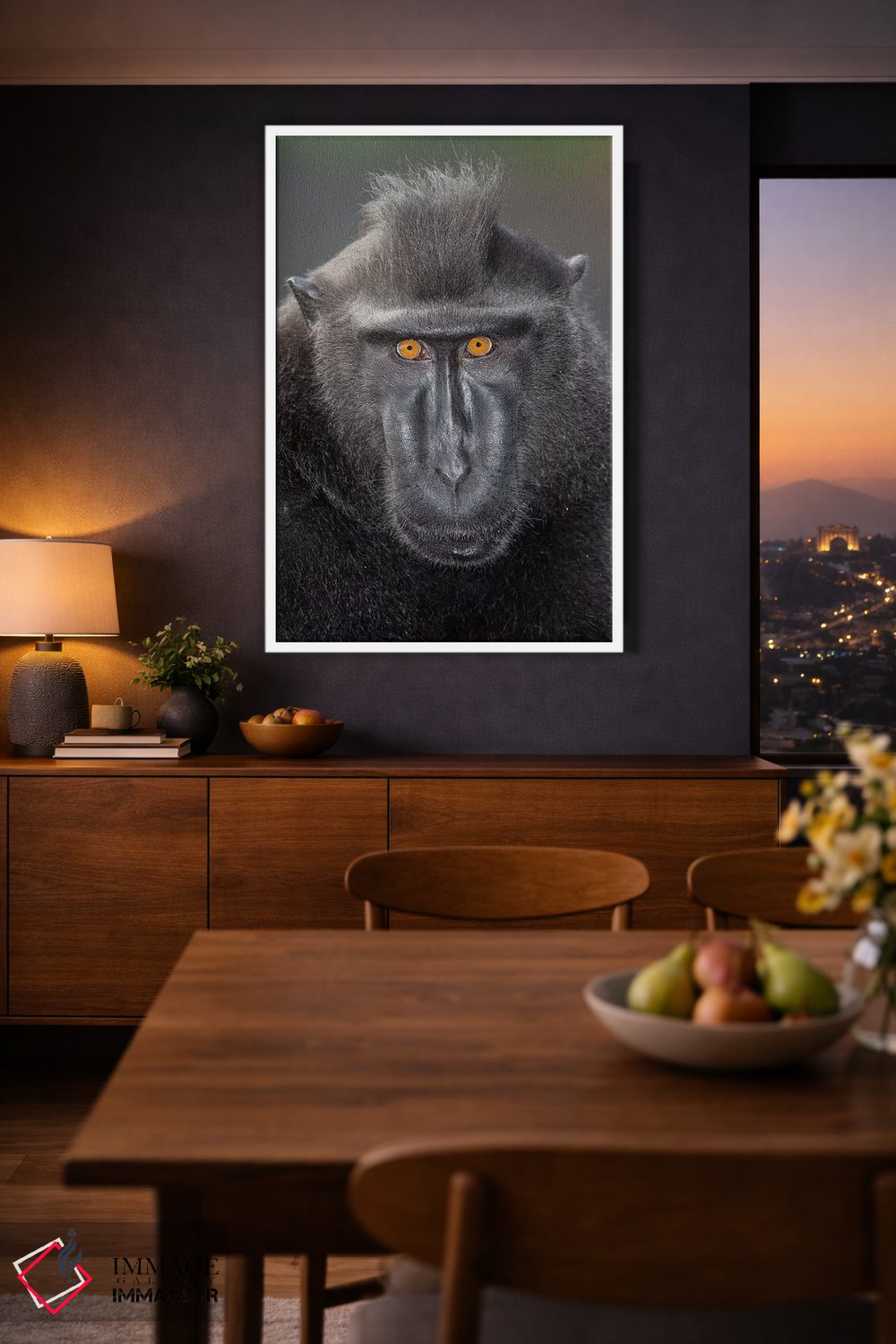 تابلو دکوراتیو تماس چشمی ماکاک تاج دار سیاه آلفا اثر موگنس تروله - D3W