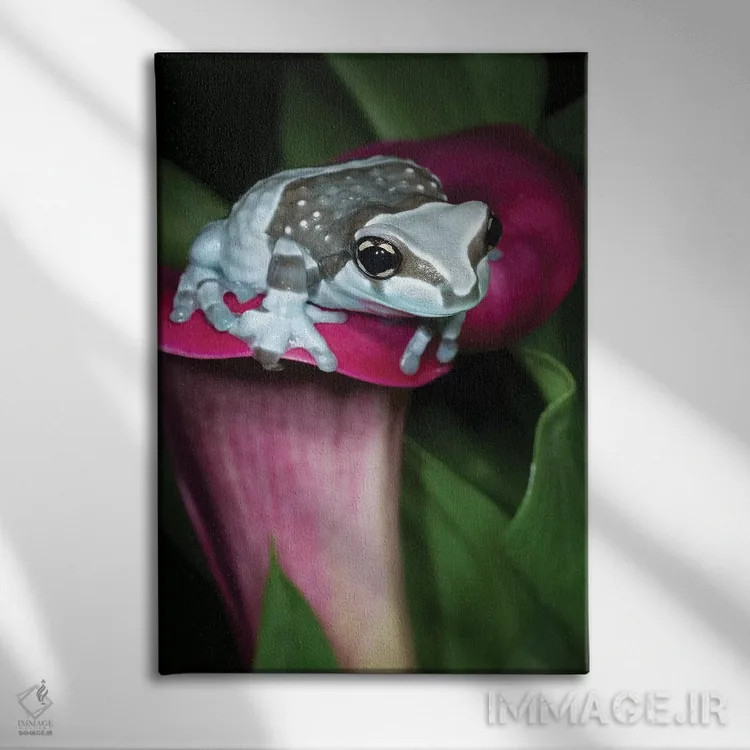 تابلو دکوراتیو قورباغه شیرآبی روی یک گل اثر مارسا پرایور - نمای روبهرو روی دیوار