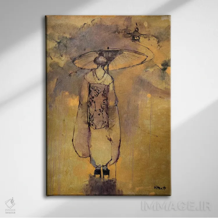 تابلو دکوراتیو گیشا با نور نارنجی اثر مری پرت - نمای روبهرو روی دیوار