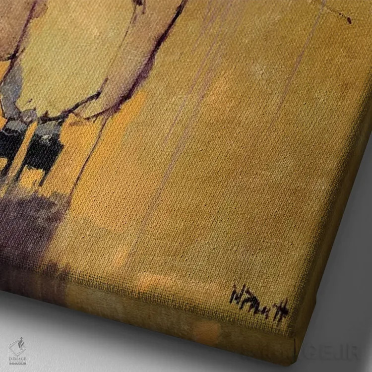 تابلو دکوراتیو گیشا با نور نارنجی اثر مری پرت - نمای نزدیک بافت بوم