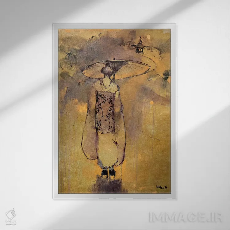 تابلو دکوراتیو گیشا با نور نارنجی اثر مری پرت - نمای قابدار سفید