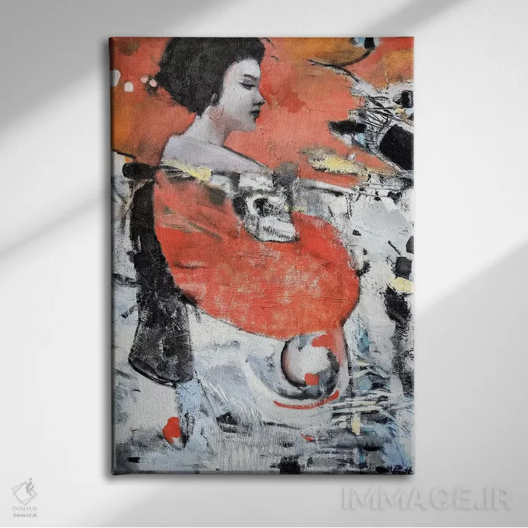 تابلو دکوراتیو گیشا با آستین قرمز اثر مری پرت - نمای روبهرو روی دیوار