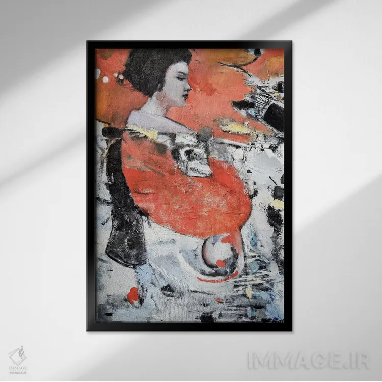 تابلو دکوراتیو گیشا با آستین قرمز اثر مری پرت - نمای قابدار مشکی