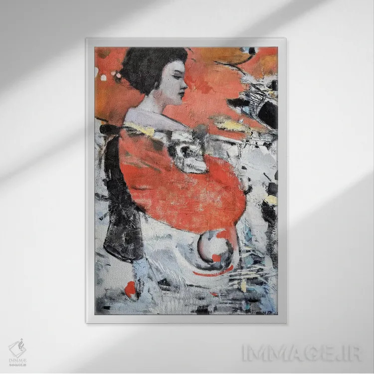 تابلو دکوراتیو گیشا با آستین قرمز اثر مری پرت - نمای قابدار سفید