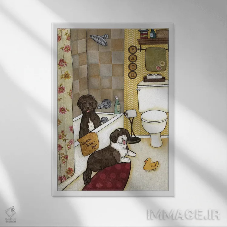 تابلو دکوراتیو شستن سگ های آبی اثر جیمی موراث - نمای قابدار سفید