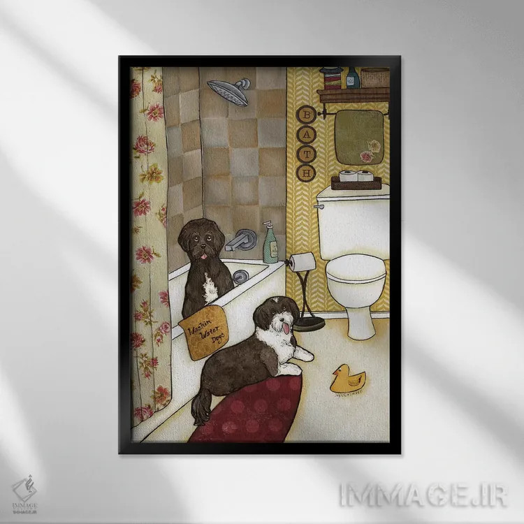 تابلو دکوراتیو شستن سگ های آبی اثر جیمی موراث - نمای قابدار مشکی