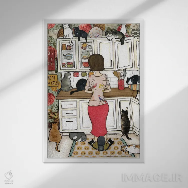 تابلو دکوراتیو به گربه ها غذا بده اثر جیمی موراث - نمای قابدار سفید