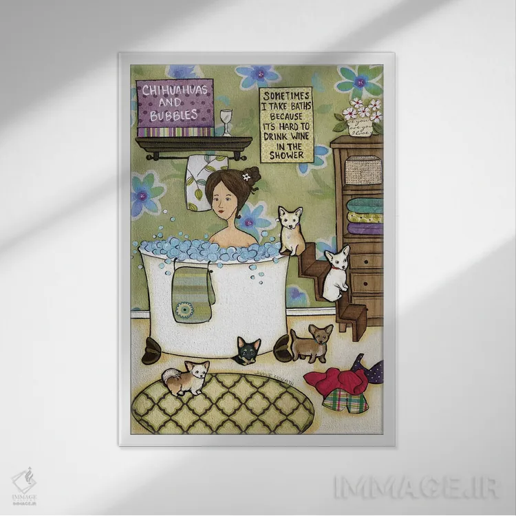 تابلو دکوراتیو حباب های سگ چیواوا اثر جیمی موراث - نمای قابدار سفید