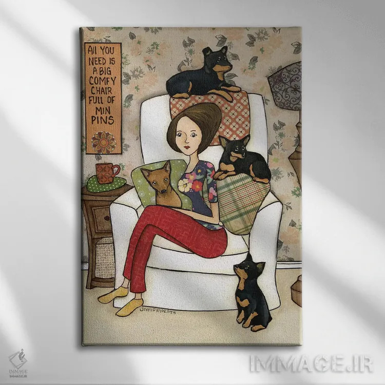 تابلو دکوراتیو صندلی پر از سگ مینیاتوری پینشر اثر جیمی موراث - نمای روبهرو روی دیوار