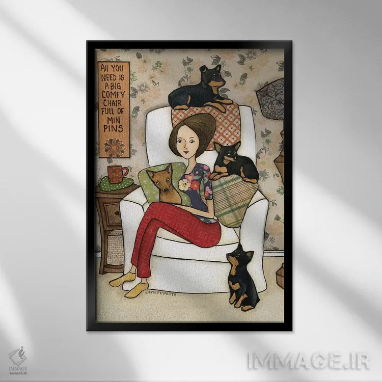 تابلو دکوراتیو صندلی پر از سگ مینیاتوری پینشر اثر جیمی موراث - نمای قابدار مشکی