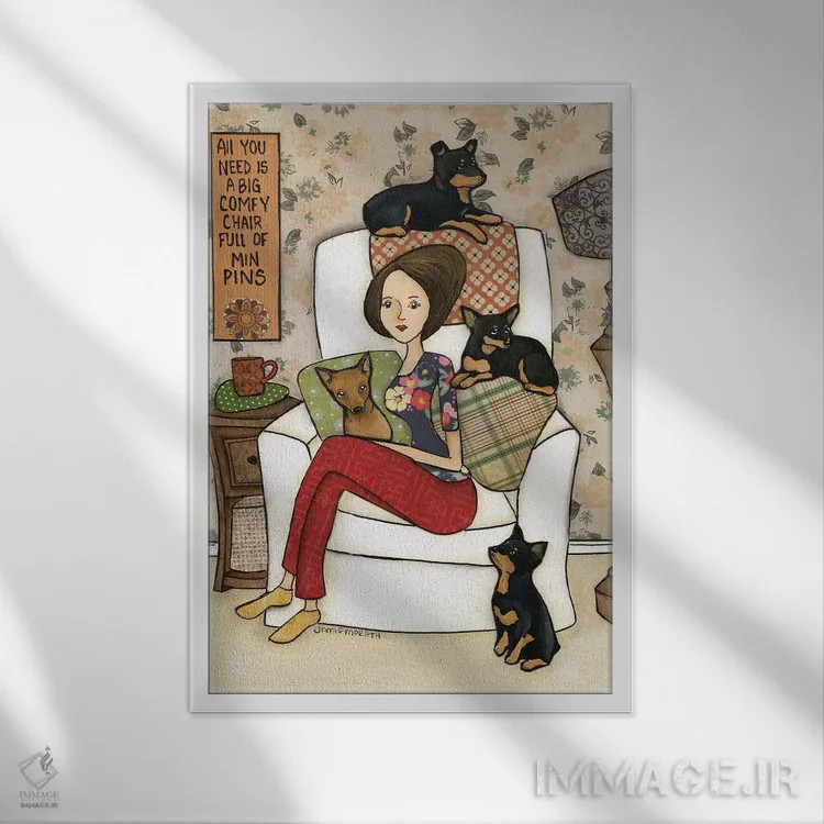 تابلو دکوراتیو صندلی پر از سگ مینیاتوری پینشر اثر جیمی موراث - نمای قابدار سفید