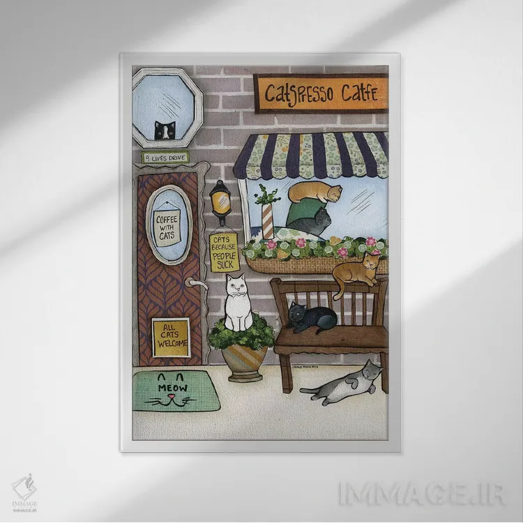 تابلو دکوراتیو گربه ها اثر جیمی موراث - نمای قابدار سفید