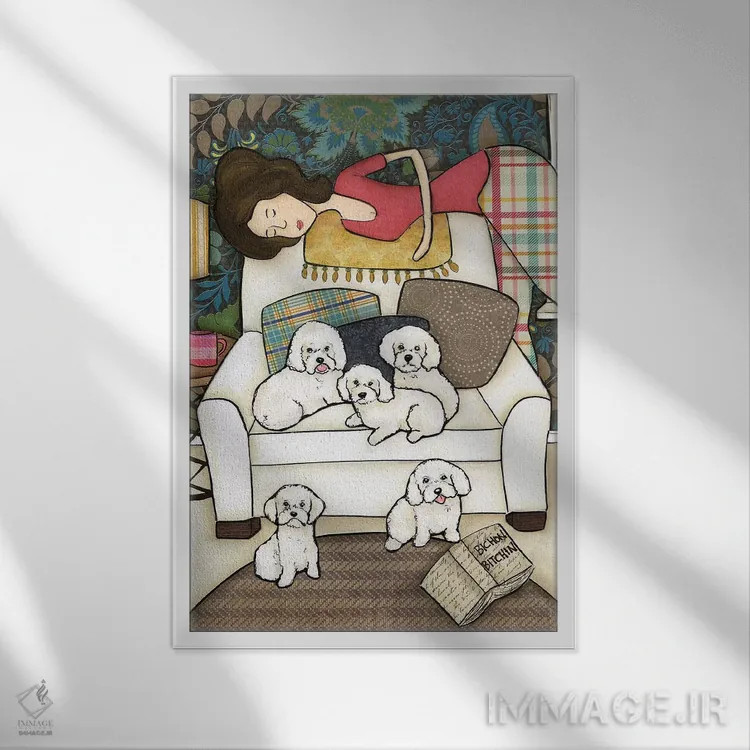 تابلو دکوراتیو غر زدن سگ بیچون اثر جیمی موراث - نمای قابدار سفید