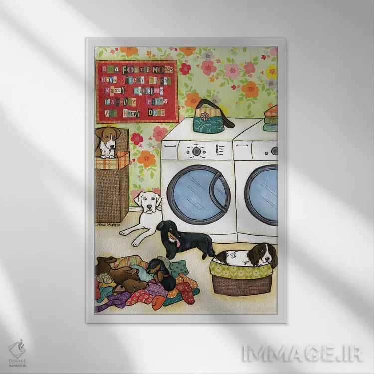 تابلو دکوراتیو سگ های خوشحال اثر جیمی موراث - نمای قابدار سفید