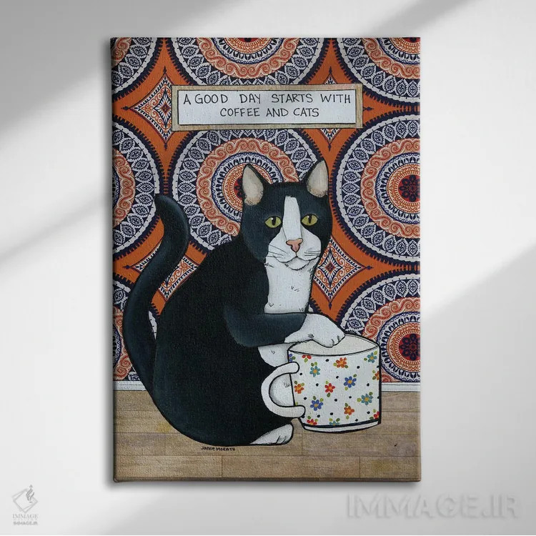 تابلو دکوراتیو قهوه و گربه ها اثر جیمی موراث - نمای روبهرو روی دیوار