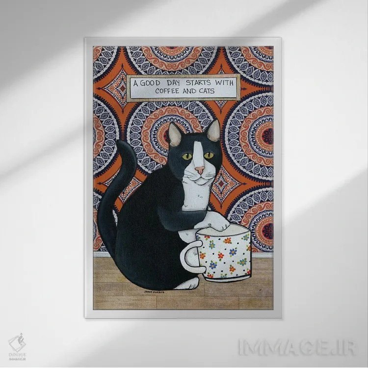 تابلو دکوراتیو قهوه و گربه ها اثر جیمی موراث - نمای قابدار سفید