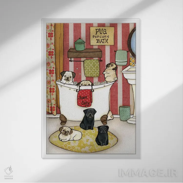 تابلو دکوراتیو حمام پاپ کورن پاگ اثر جیمی موراث - نمای قابدار سفید