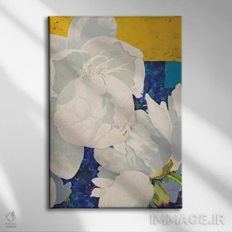 تابلو انتزاعی پیونی سفید اثر ماریا مورالس - نمای روبهرو روی دیوار