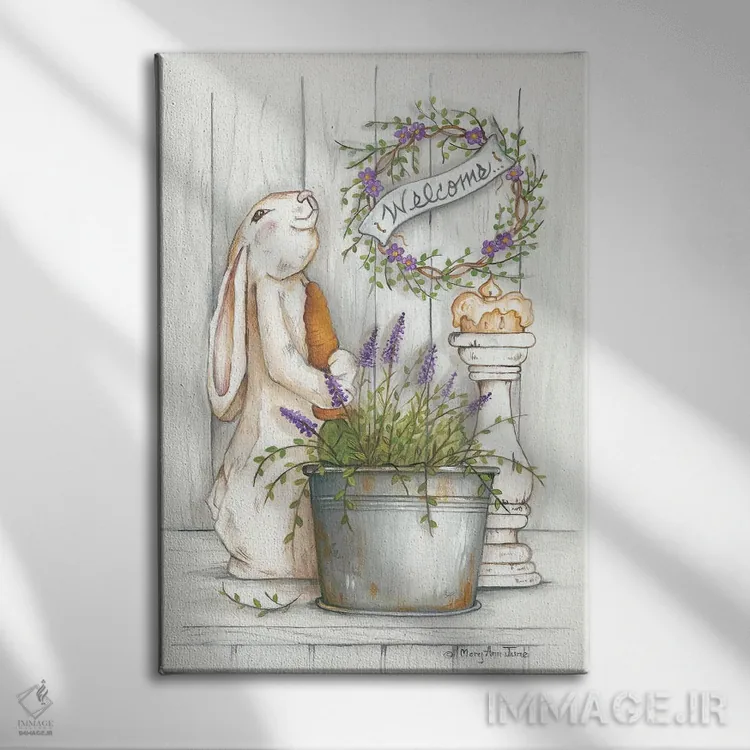 تابلو دکوراتیو خرگوش خوش آمدگو اثر مری آن جون - نمای روبهرو روی دیوار