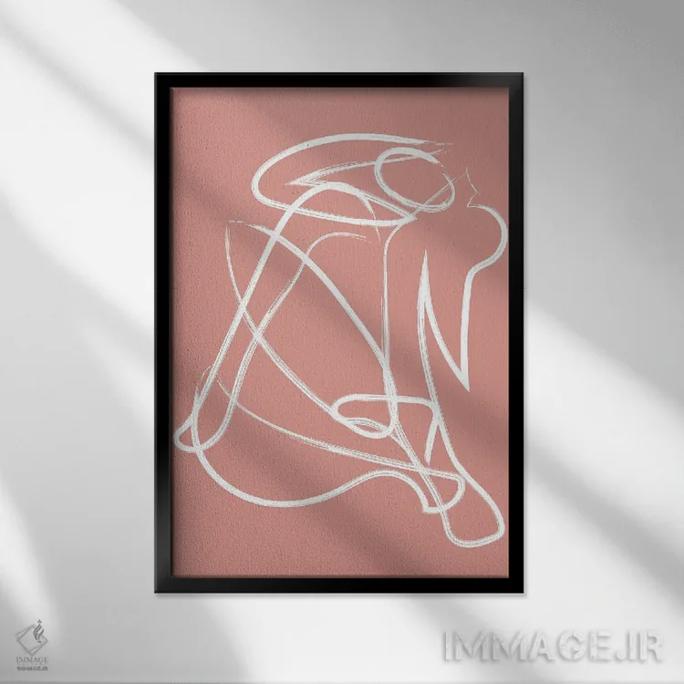 تابلو مینیمال شکل انسان با خطوط تجزیه شده صورتی اثر مامبو آرت استودیو - نمای قابدار مشکی