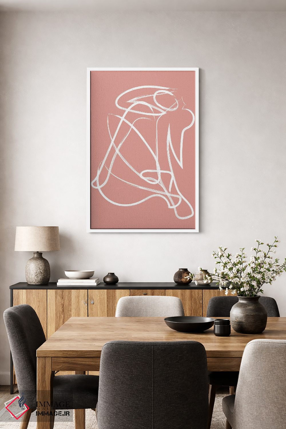 تابلو مینیمال شکل انسان با خطوط تجزیه شده صورتی اثر مامبو آرت استودیو - D4W