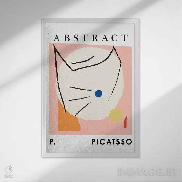تابلو مدرن گربه پیکاتسو هنر خطی صورتی اثر مامبو آرت استودیو - نمای قابدار سفید