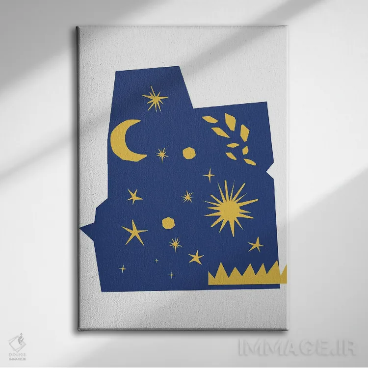 تابلو مینیمال اشکال برش خورده آسمان شب اثر مامبو آرت استودیو - نمای روبهرو روی دیوار