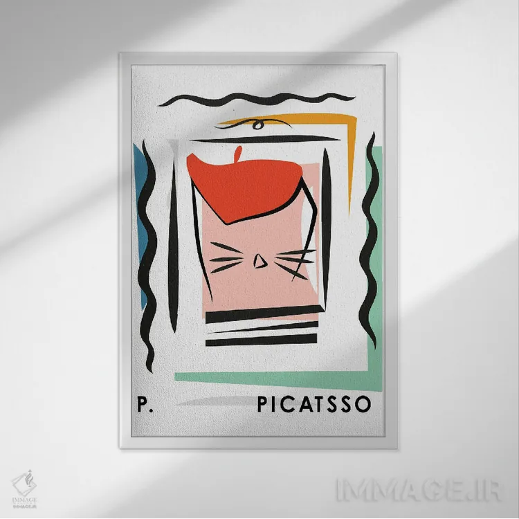تابلو مدرن پوستر گربه پیکاتسو اثر مامبو آرت استودیو - نمای قابدار سفید