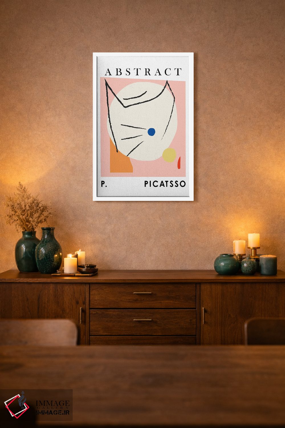 تابلو مدرن گربه پیکاتسو هنر خطی صورتی اثر مامبو آرت استودیو - D1W