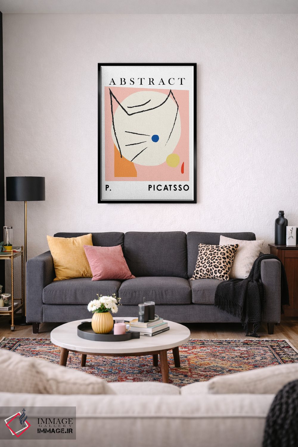 تابلو مدرن گربه پیکاتسو هنر خطی صورتی اثر مامبو آرت استودیو - D4B