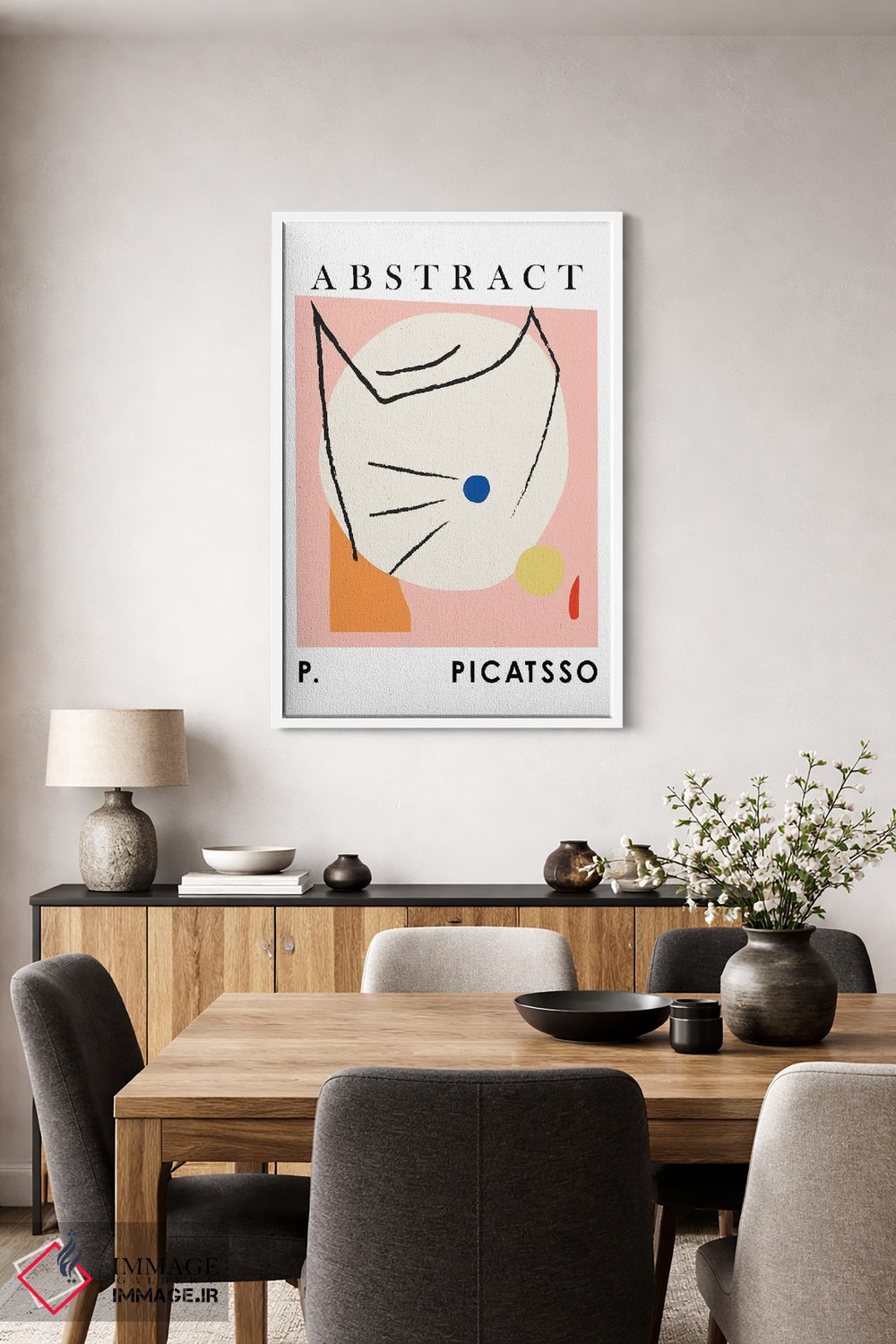 تابلو مدرن گربه پیکاتسو هنر خطی صورتی اثر مامبو آرت استودیو - D3W