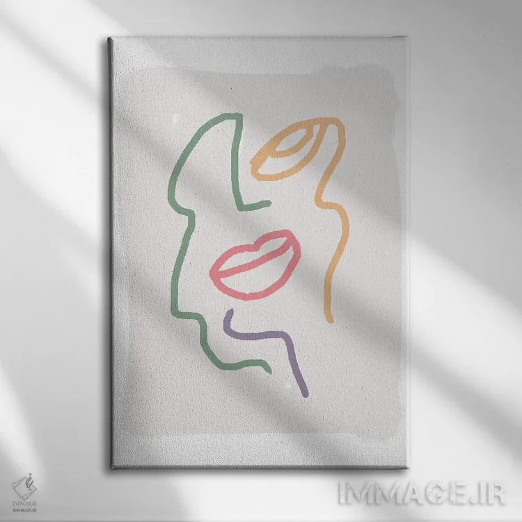تابلو مینیمال نقاشی خطی چهره با رنگ های پاستلی اثر مامبو آرت استودیو - نمای روبهرو روی دیوار