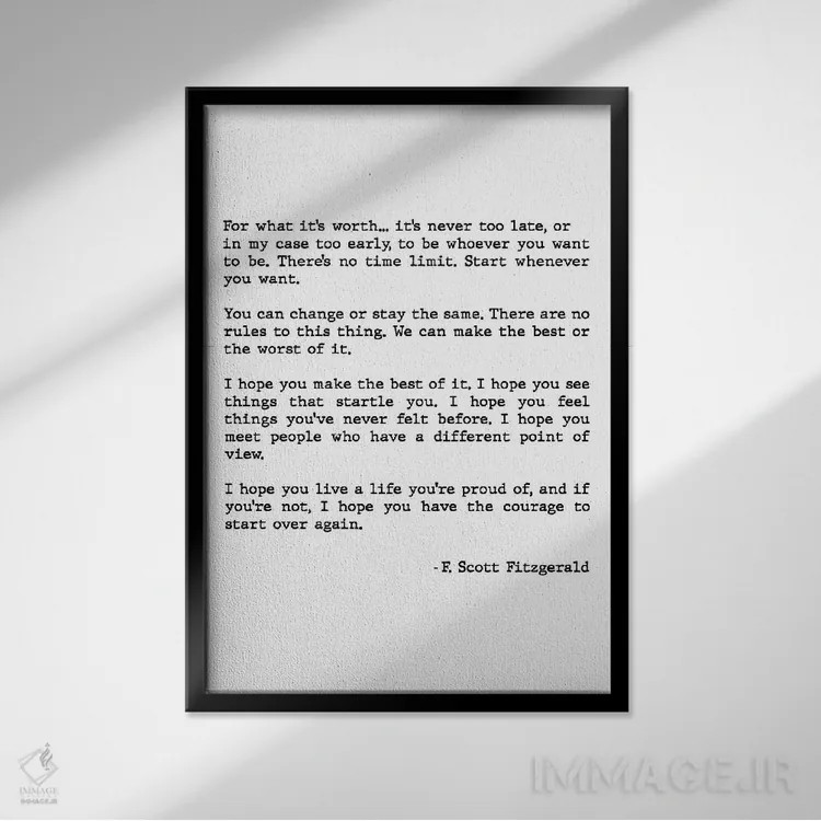تابلو دکوراتیو نقل قول "برای هرچه که ارزشش را دارد" از اسکات فیتزجرا… اثر مامبو آرت استودیو - نمای قابدار مشکی