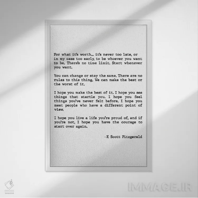 تابلو دکوراتیو نقل قول "برای هرچه که ارزشش را دارد" از اسکات فیتزجرا… اثر مامبو آرت استودیو - نمای قابدار سفید