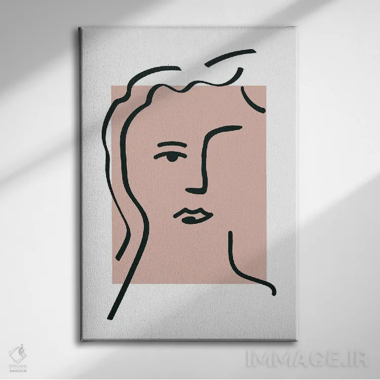 تابلو مینیمال چهره صورتی به سبک ماتیس با نقاشی خطی اثر مامبو آرت استودیو - نمای روبهرو روی دیوار