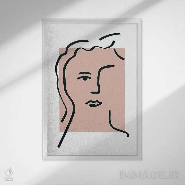 تابلو مینیمال چهره صورتی به سبک ماتیس با نقاشی خطی اثر مامبو آرت استودیو - نمای قابدار سفید