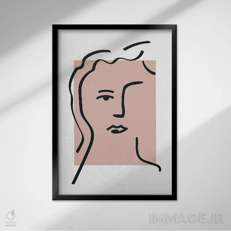 تابلو مینیمال چهره صورتی به سبک ماتیس با نقاشی خطی اثر مامبو آرت استودیو - نمای قابدار مشکی