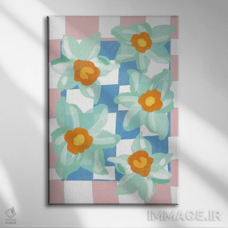 تابلو دکوراتیو نرگس با زمینه شطرنجی آبی و صورتی اثر مامبو آرت استودیو - نمای روبهرو روی دیوار
