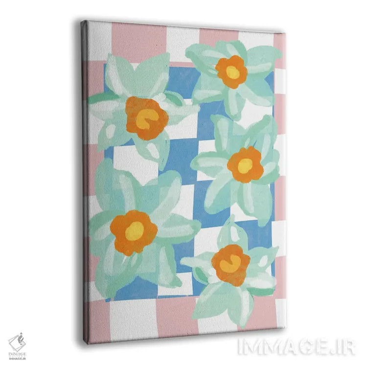 تابلو دکوراتیو نرگس با زمینه شطرنجی آبی و صورتی اثر مامبو آرت استودیو - نمای پرسپکتیو محصول