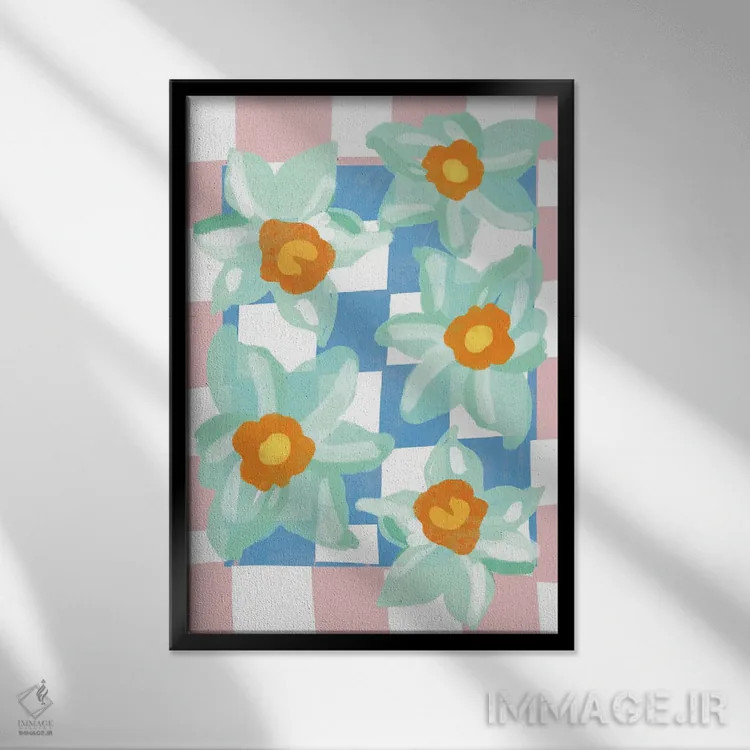 تابلو دکوراتیو نرگس با زمینه شطرنجی آبی و صورتی اثر مامبو آرت استودیو - نمای قابدار مشکی